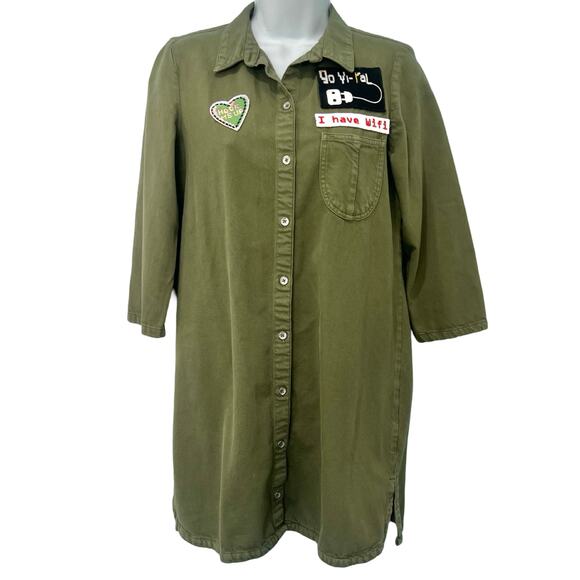 Zara Olive Green Patches Denim Button Down 3/4 Sleeve Shirt Dress sz S Trafaluc - Picture 10 of 13